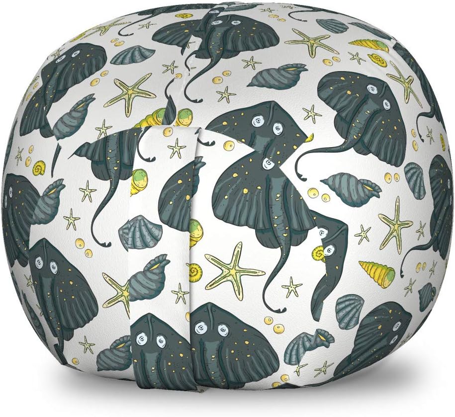 Ambesonne Underwater Storage Toy Bag Chair, Funny Stingray and Starfish Nautilus Sea Shells Ocean Exotic Fish Doodle, Stuffed Animal Organizer Washable Bag, Small Size, Grey Pale Green