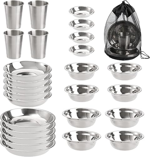 TOPZEA Stainless Steel Camping Plates and Bowls Set, Camping Mess Kits Camping Dish Set Tableware, Stainless Steel Dinnerware for Camping, Hiking, Picnic, RVs