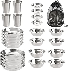 TOPZEA Set of 26 Stainless Steel Camping Plates and Bowls, Mess Kit Dish Set With Tableware for Hiking, Travel, Picnic - Includes Plates, Bowls, Cups