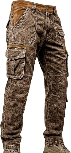 Mens Vintage Washed Cargo Jeans Relaxed Fit Multi-Pocket Tac