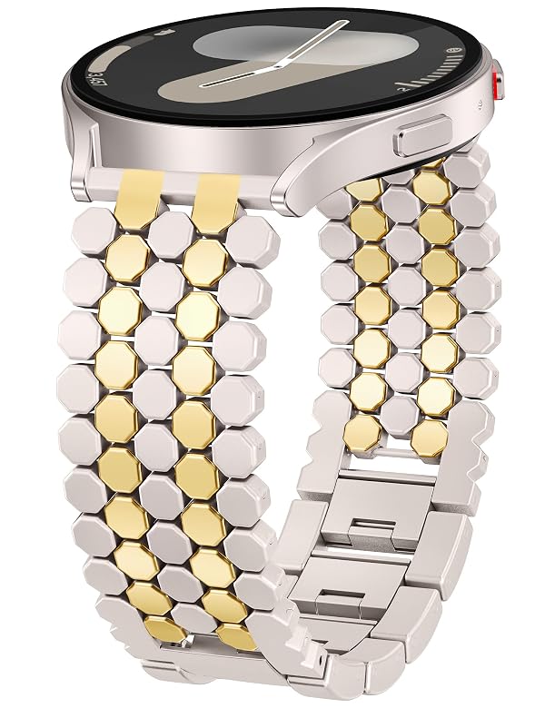 Minyee Compatible with Samsung Galaxy Watch 7 6 5 4 FE 40mm 44mm/Watch 6 Classic 43mm 47mm/Watch 5 Pro 45mm Bands for Women, 20mm Dressy Metal Gold Chain Honeycomb Link Bracelet Strap, Starlight/Gold by Minyee - Used condition - US$19.15