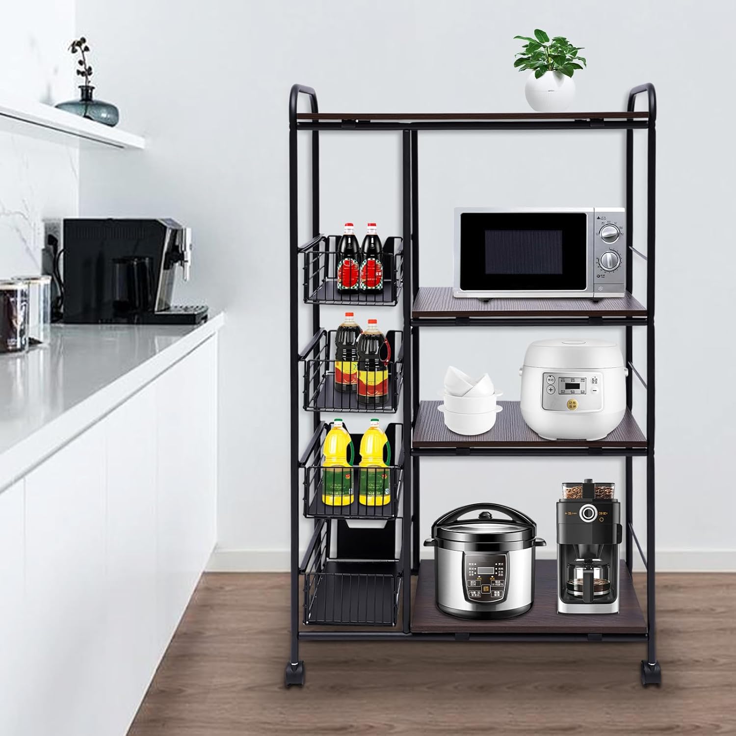 TBVECHI 5 Tier Kitchen Bakers Rack, Industrial Kitchen Cart Utility Storage Shelf Organizer w/Wheels for Coffee Bar Kitchen Storage Racks (Black, 45.28 x 27.95 x 13.78in)