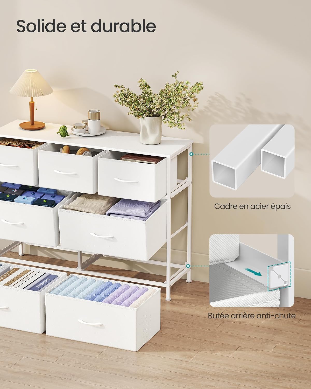 Close-up of a fabric drawer reinforced with MDF and a thick steel frame