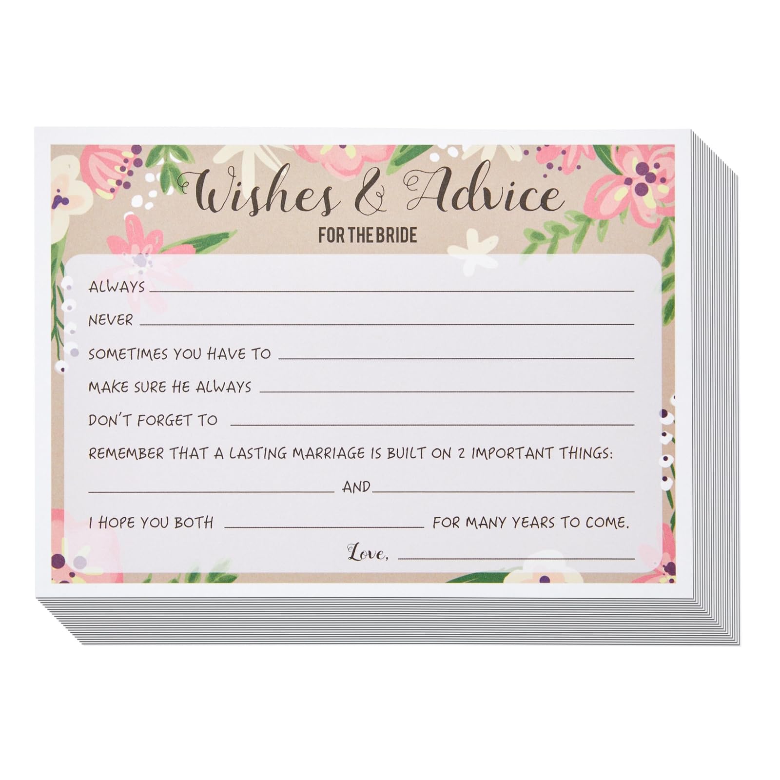 Best Paper Greetings 50 Pack Floral Wedding Advice Cards for Bride, Bridal Shower Games (5x7 In)