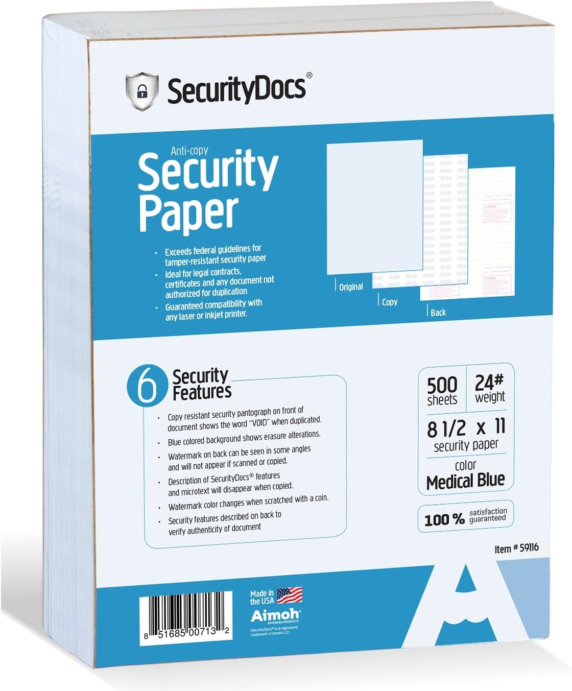 SecurityDocs Security Paper for Medical and Federal use, CMS Certified, Copy and Tamper Resistant, Pantograph, Inkjet and Laser Printer Compatible – 8.5 x 11 Inches, 500 Sheet Supply, (59116)