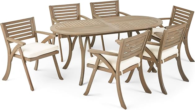 Christopher Knight Home Hermosa Outdoor 6 Seater Acacia Wood Oval Dining Set with Cushions, Gray and Cream
