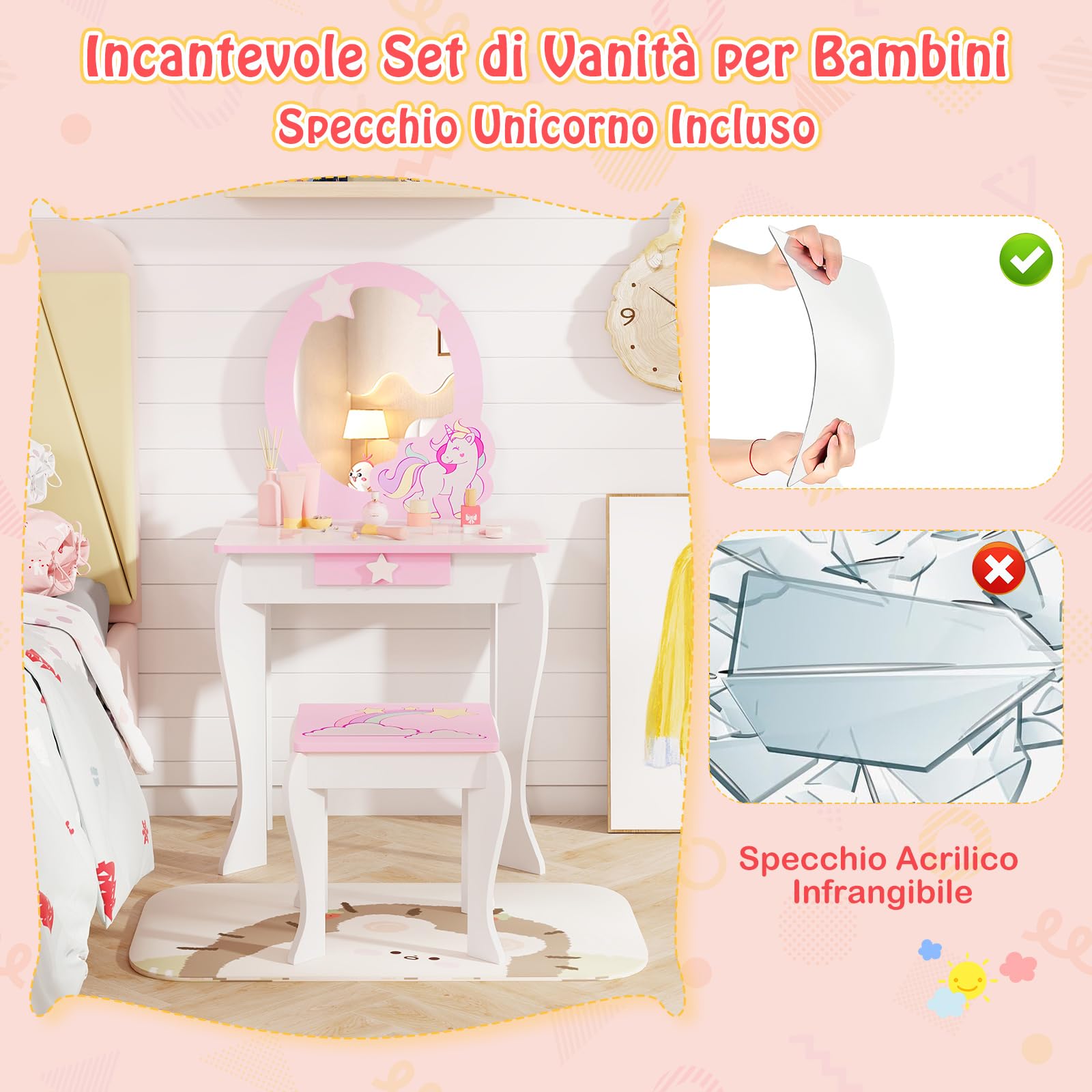 COSTWAY Set Toeletta per Ragazza, Toeletta Trucco per Bambini con Sgabello, Specchio Staccabile e Cassetto, Postazione Trucco in Legno per Cameretta 49.5 x 35.5 x 89cm (Bianco)