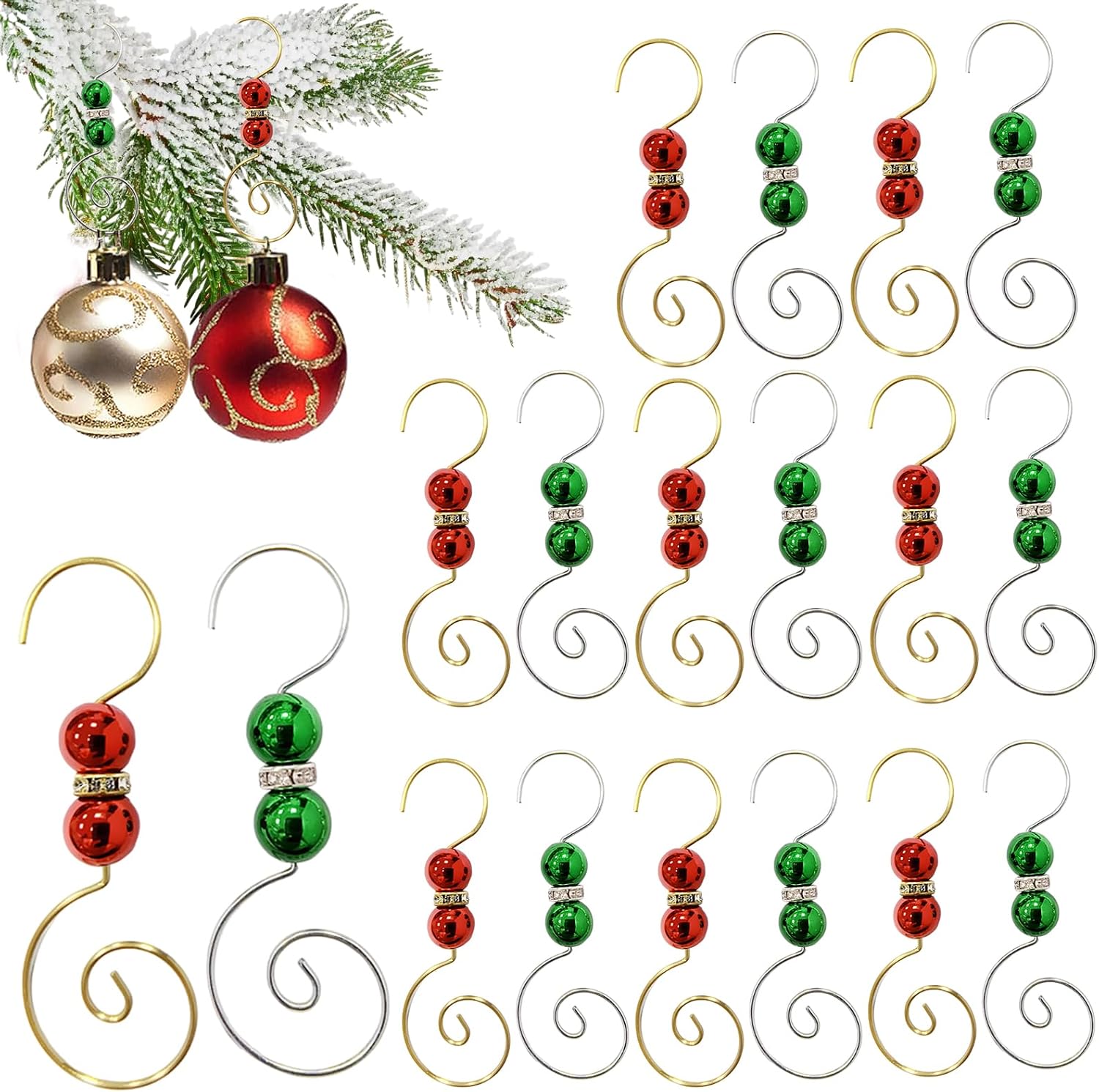Furimuk 20 Pcs Acrylic Jewels Christmas Ornament Hooks - Red & Green, Silver & Gold Wire Hangers with Lobster Claws for Stockings & Balls