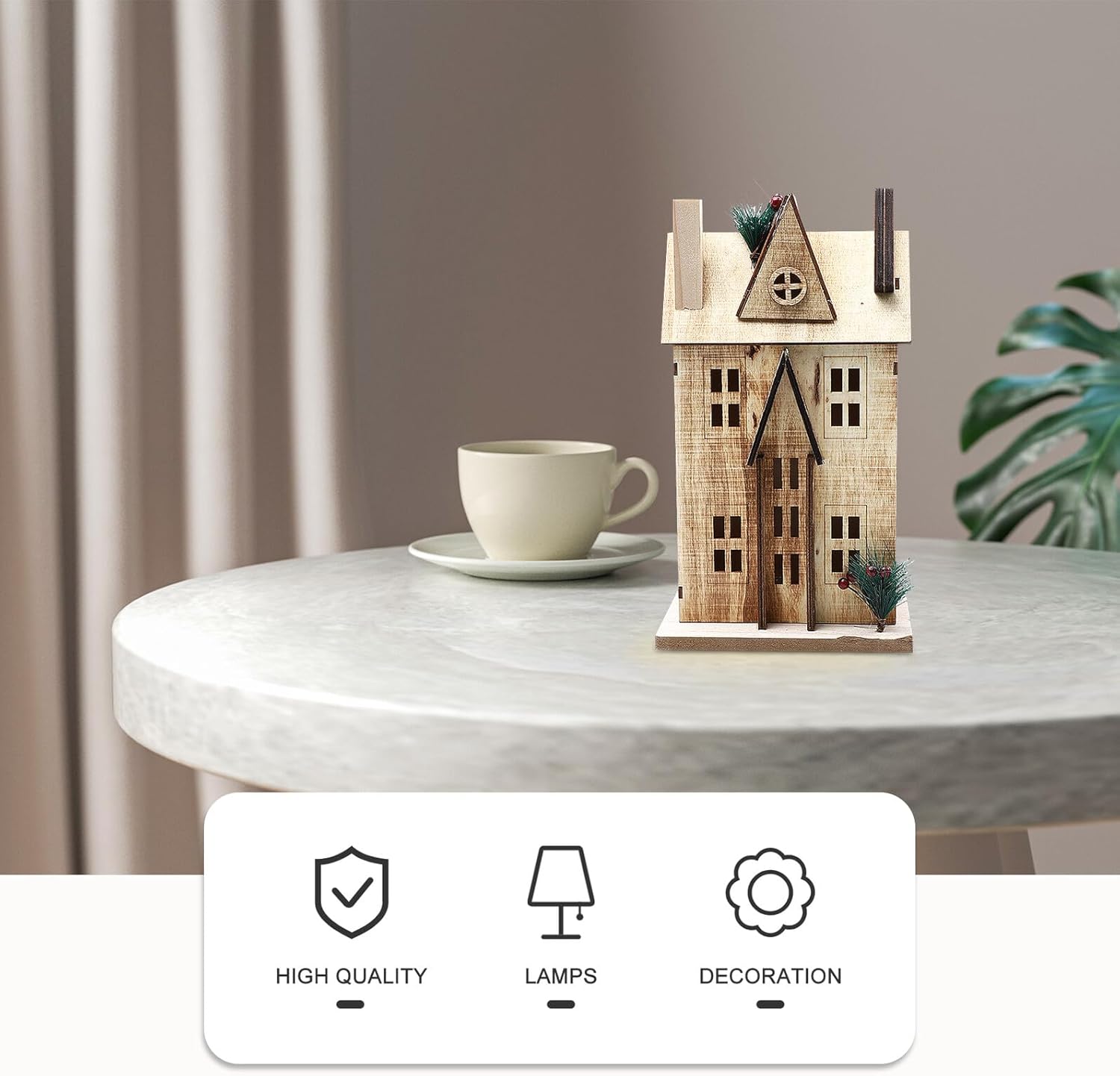 Alipis Wooden House Craft with LED Light, Nordic Style Rustic Small Wood House Decoration, Glowing Desktop Ornament for Christmas Home Decor