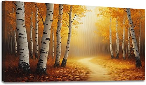 24"x 48" Canvas Wall Art Vintage Orange Fall Birch Tree Forest Rustic Farmhouse Autumn Canvas Framed Pictures Painting Prints Large Wall Art for