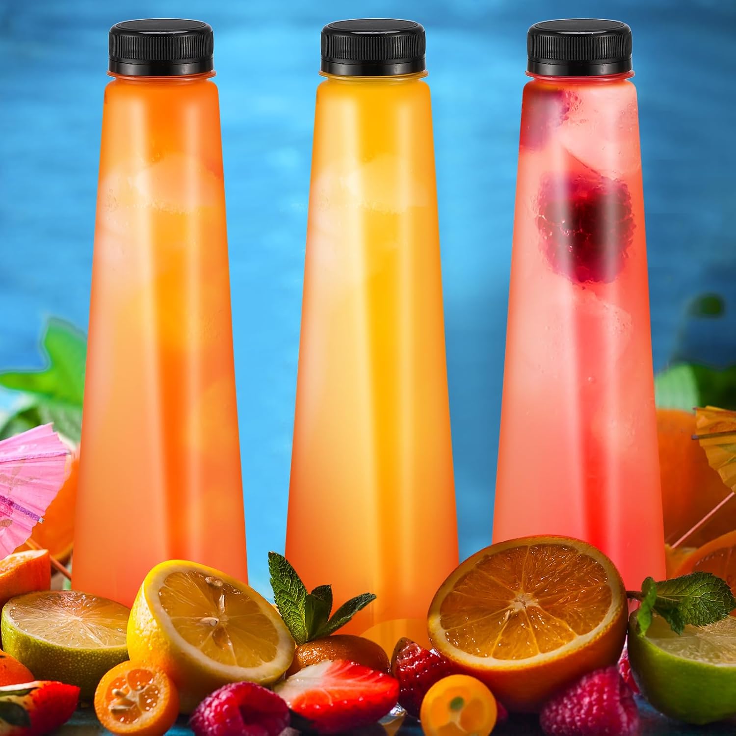 Tanlade 100 Pcs Plastic Juice Bottles with Caps Empty Reusable Beverage Containers Clear Disposable Drink Bottles with Black Tamper Evident Lids for Juicing Smoothie Beverages Fridge(16 oz)
