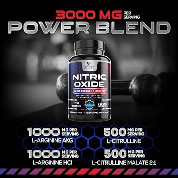 Nitric Oxide Booster Extra Strength - 3X Strength L-Arginine & Citrulline Supplement - Best Nitric Oxide Supplements for Men - Supports Muscle, Heart Health, Energy - Bottled in USA - 60 Capsules