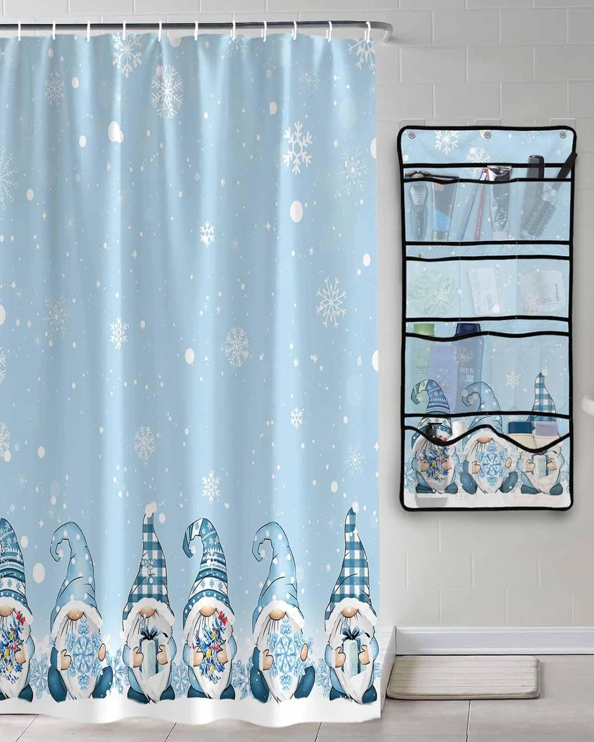 Shower Curtain Mesh Shower Organizer Hanging Set Blue Cute Christmas Gnome with Gifts Snowflake Xmas Tree Waterproof Shower