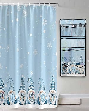 Shower Curtain Mesh Shower Organizer Hanging Set Blue Cute Christmas Gnome with Gifts Snowflake Xmas Tree Waterproof Shower