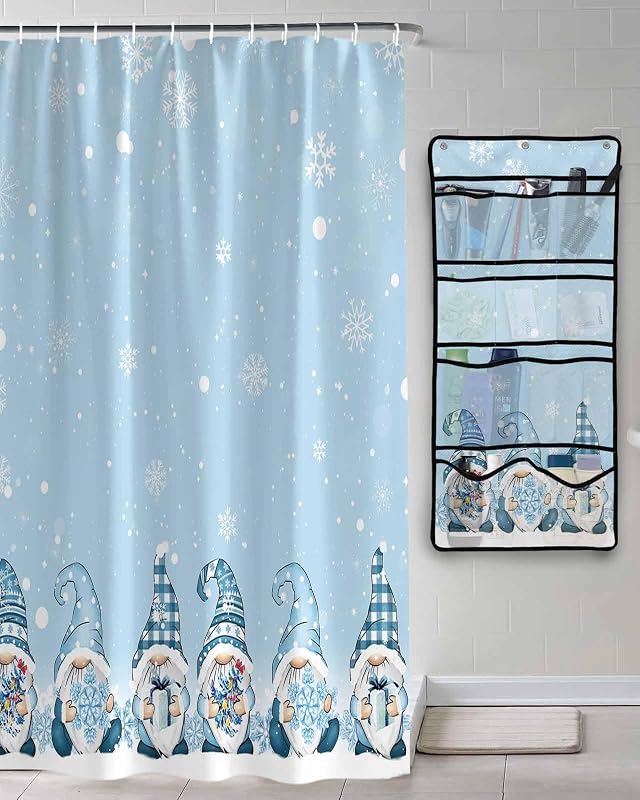 Shower Curtain Mesh Shower Organizer Hanging Set Blue Cute Christmas Gnome with Gifts Snowflake Xmas Tree Waterproof Shower