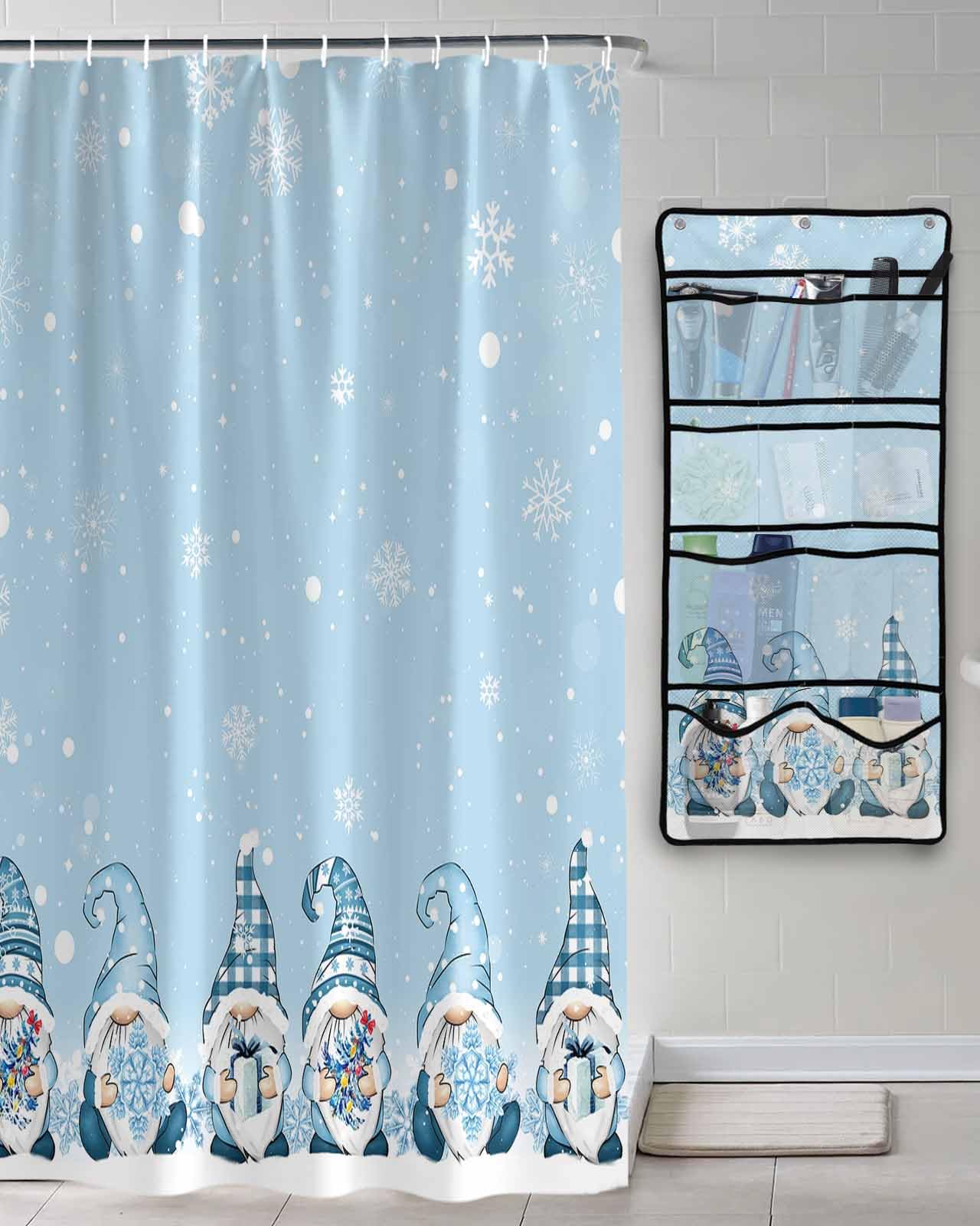 Shower Curtain Mesh Shower Organizer Hanging Set Blue Cute Christmas Gnome with Gifts Snowflake Xmas Tree Waterproof Shower