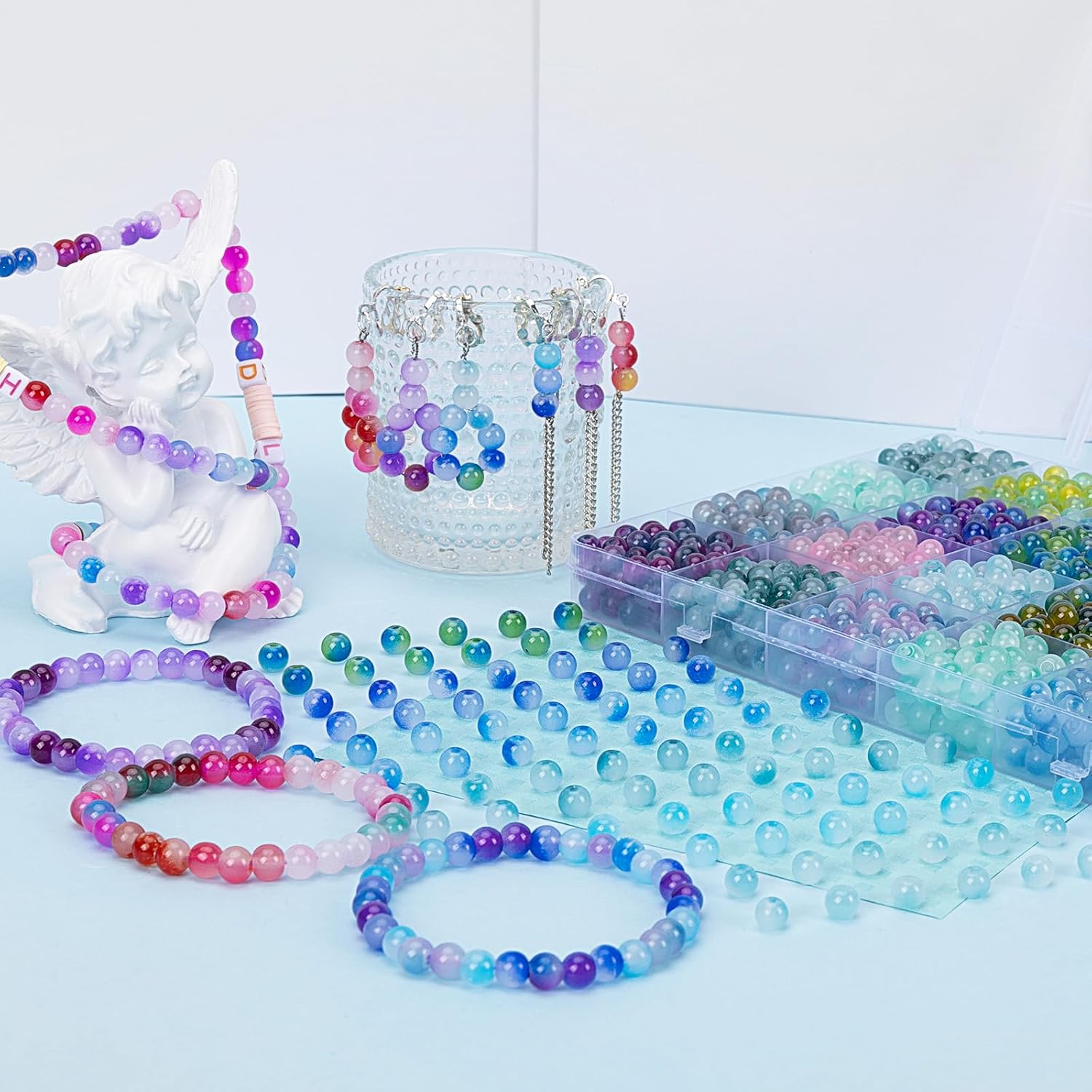 XSEINO About 1200+ pcs 6mm Glass Beads Bracelet Making Kit, 24 Assorted Blue Bi-Color Fusion Series Crystal Beads for Jewelry Making, DIY Crafts, Friendship Bracelets - Image 7