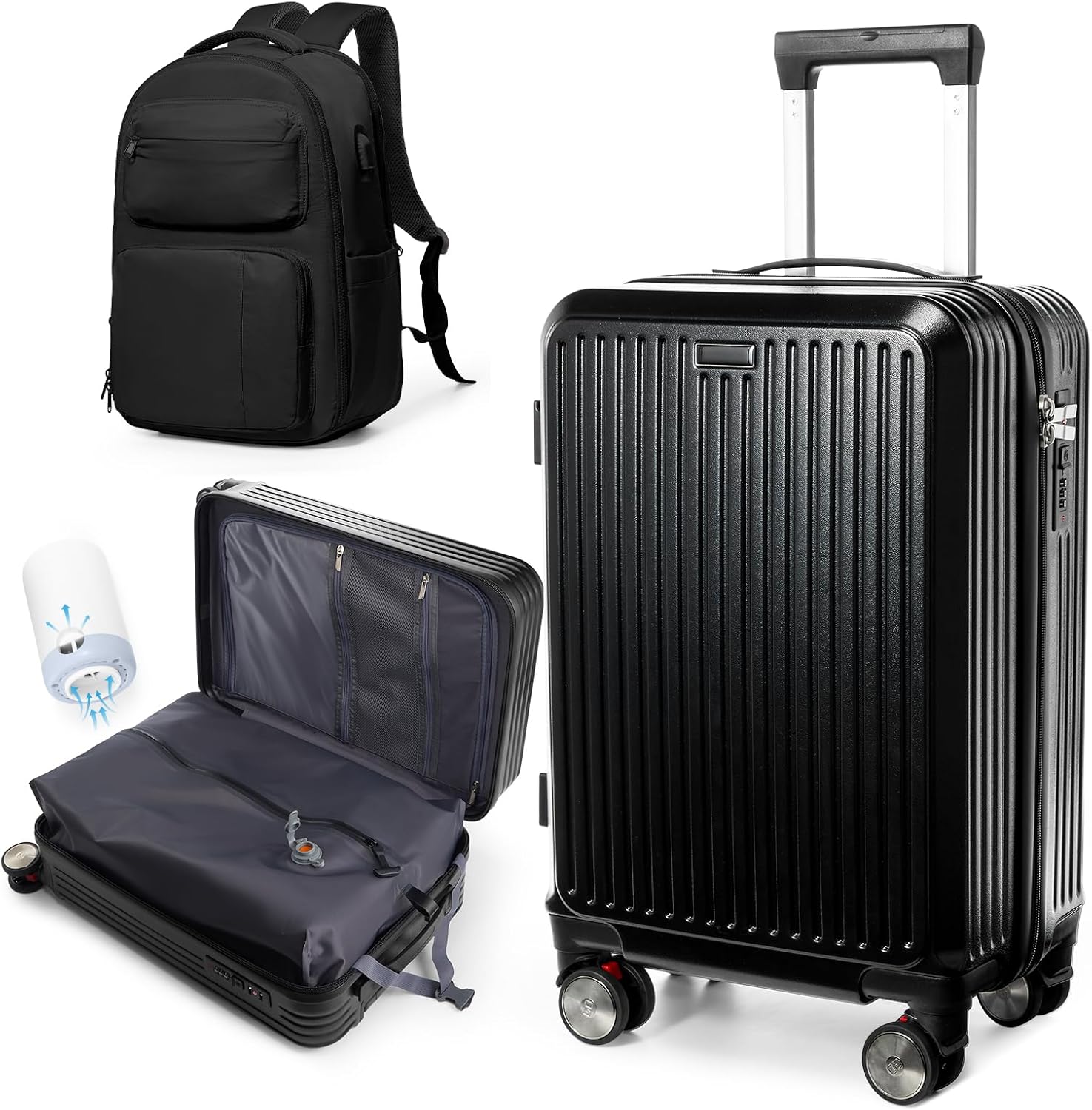 20 Inch Travel Vacuum Seal Suitcase & Backpack with Electric Pump, Waterproof underseat carry on luggage with 360° Silent Spinner Wheels & TSA Locks, Black A1-black (Vacuum Seal Suitcase &Vacuum Backpack With Electric Pump)