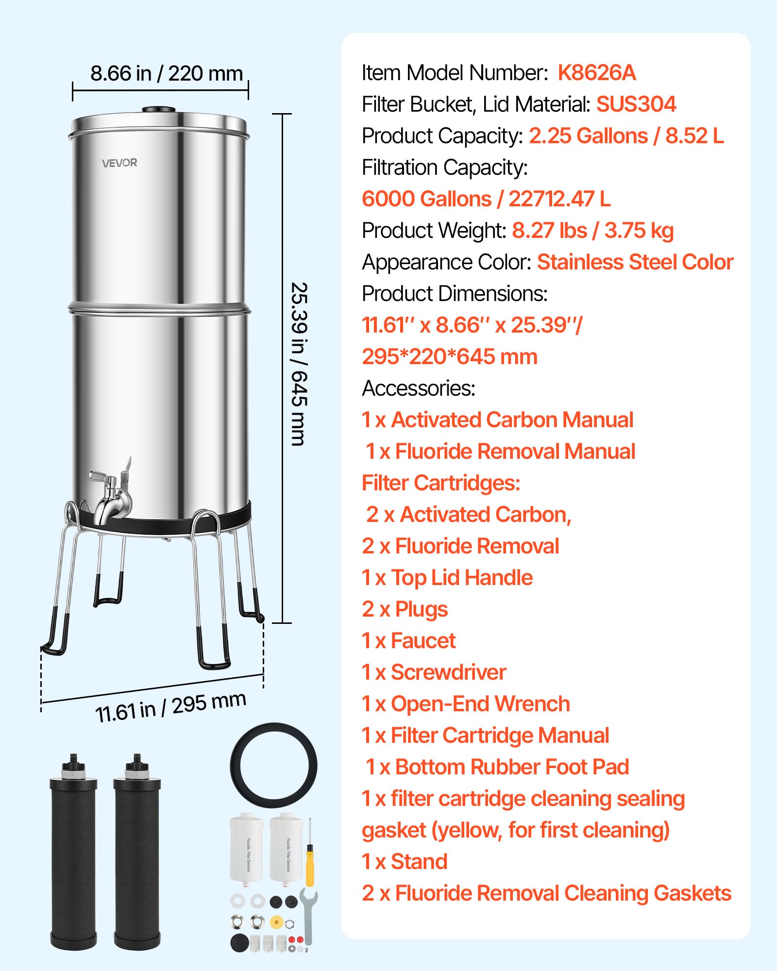 VEVOR Sistema de Filtración de Agua por Gravedad 8,52 L Acero Inoxidable, Reduce el Plomo y Hasta 99% del Cloro, Con 2 Filtros de Carbón y 2 Filtros Desfluorantes, Con Grifo y Soporte, Para Encimera