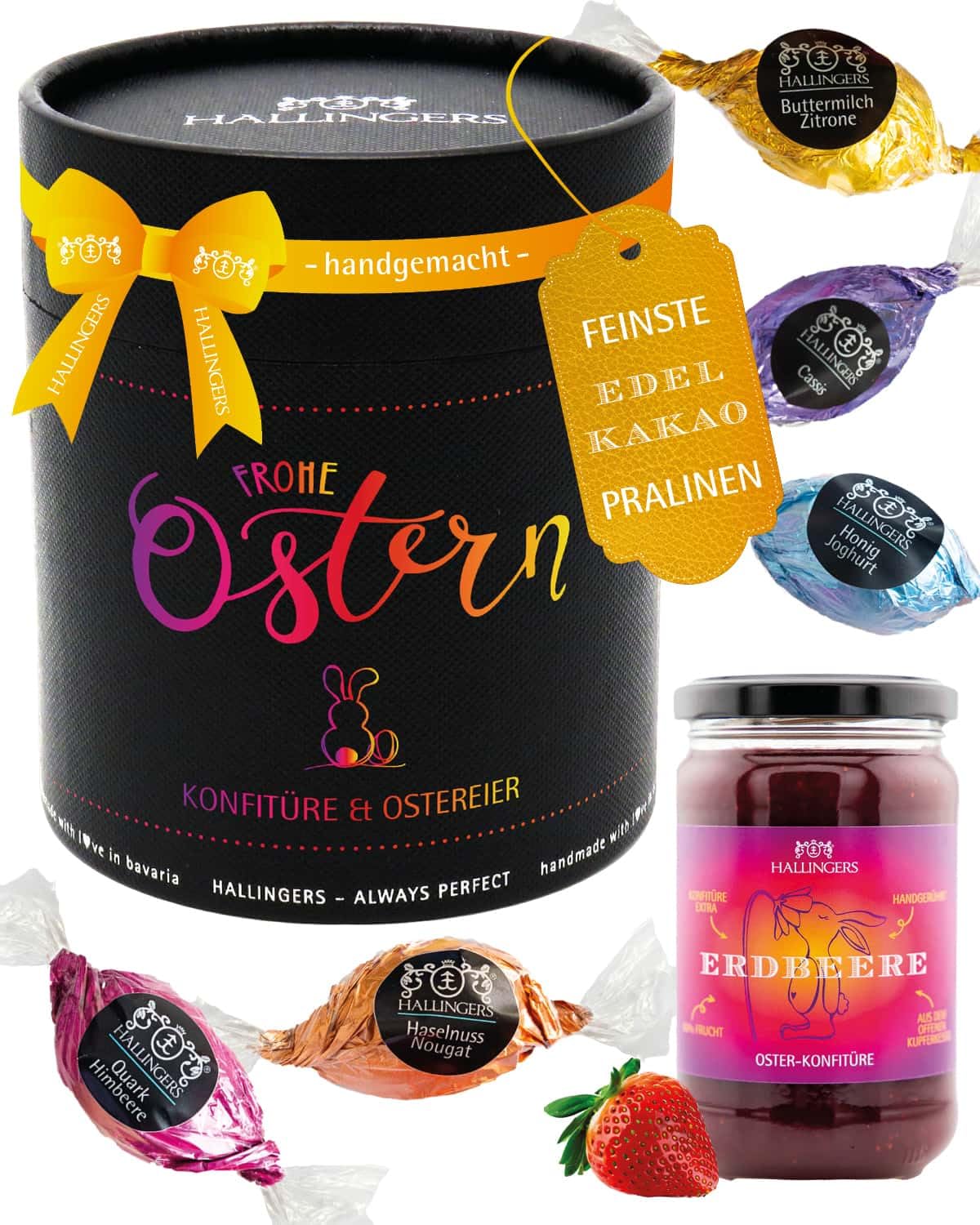 Hallingers Genuss Manufaktur Feinkost Oster-Geschenk-Set - XXL-Geschenkkorb "Frohe Ostern black" großes Osternest mit 17 Pralinen-Ostereiern & Erdbeer-Konfitüre, Ostern Körbchen für Frauen Männer