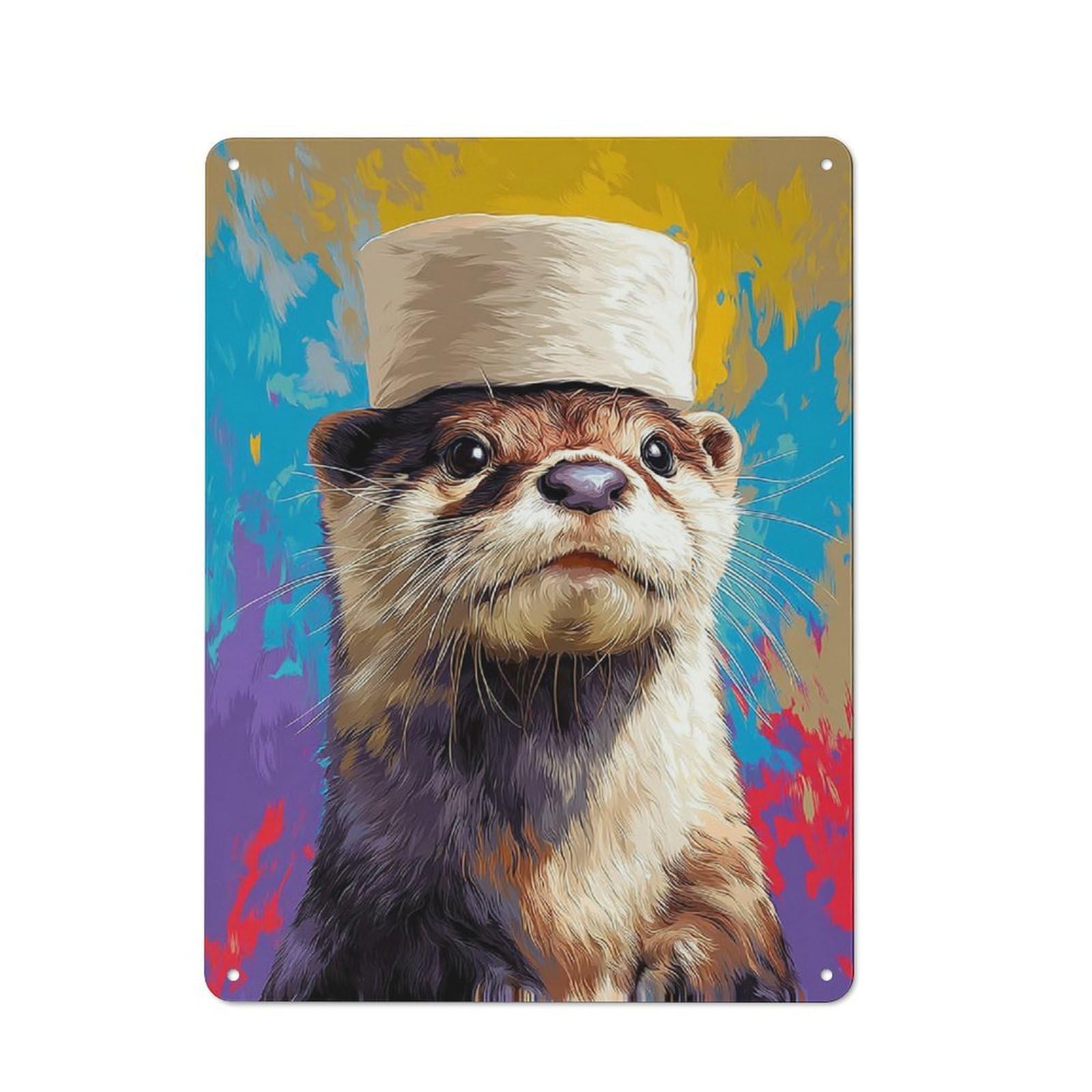 Junmoney Otter In Top Hat Colorful Artwork Retro Tin Wall Plaque 40X30cm For Garage Or Workshop, A Metal Wall Feature For Garages And Tool Rooms