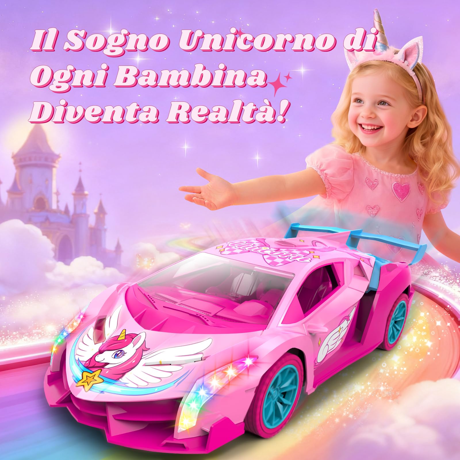 Unicorno Macchina Telecomandata Bambini con Luci Multicolore, Unicorno Regalo Giochi Bambina 3 4 5 6 7 8 9 Anni, 2,4GHz RC Drift Car Gioco Giocattoli Bimba 3-12 Anni Femmina Natale Compleanno Regali
