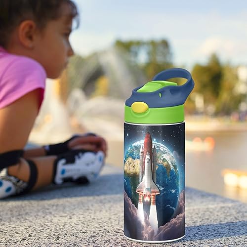 Miniatura 6 de Outer Space Rocket - Botella de agua para niños con pajilla y asa de transporte, botella de acero inoxidable aislada al vacío con aislamiento al