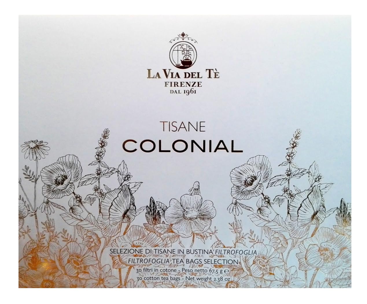 Tisane Colonial Collection - La via del Tè Firenze, Selezione di 30 tisane in bustina - confezione regalo bianca con particolori dorati