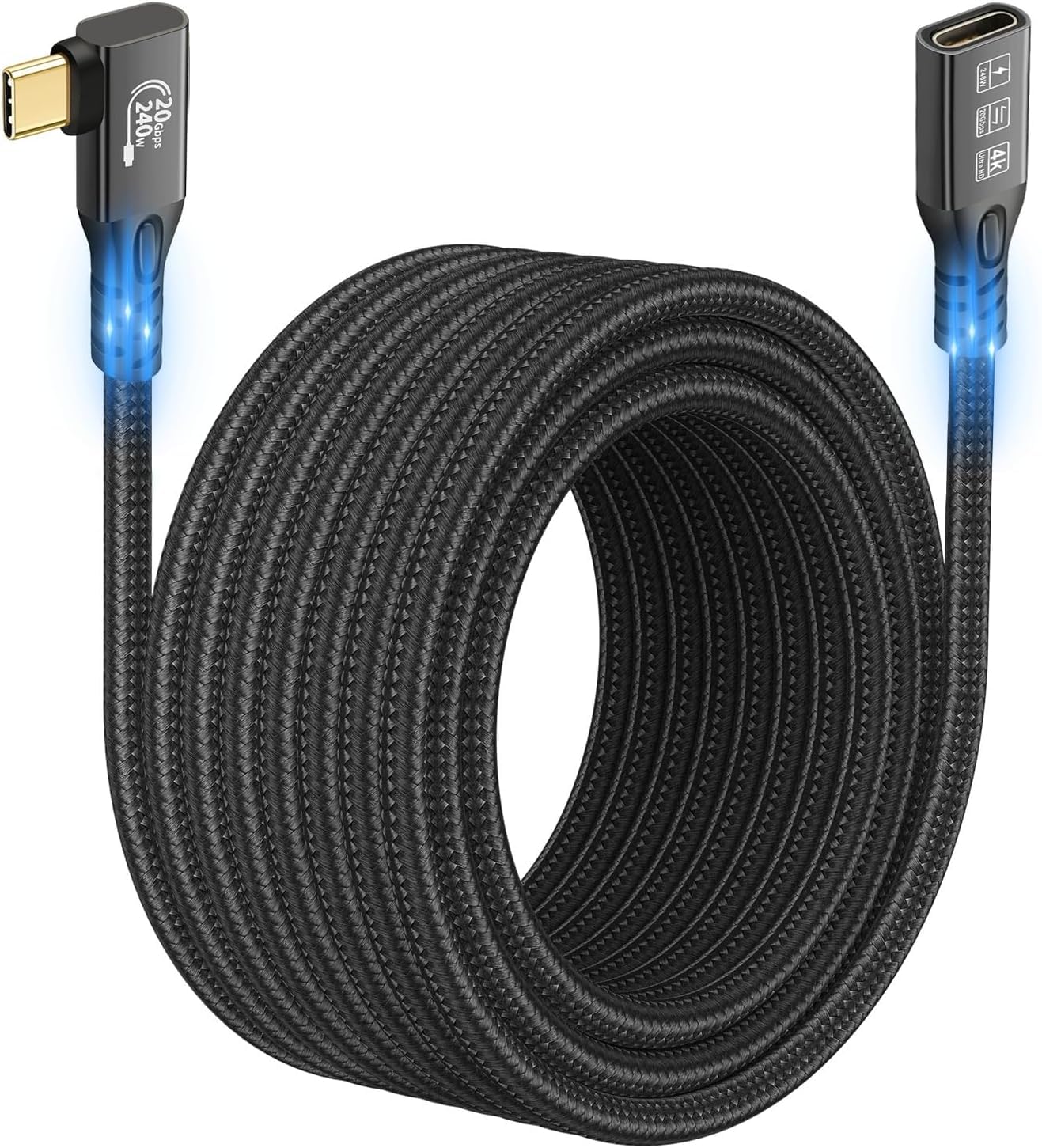 CABLEDECONN Long USB C 3.2 Cable Gen-2 240W Charging Extension 5m 16.5ft 90' Elbow Thunderbolt 3 Male to Female Data Transfer 20Gbps 48V/5A Type-C Video 4K Compatible with MacBook M1/M2/M3