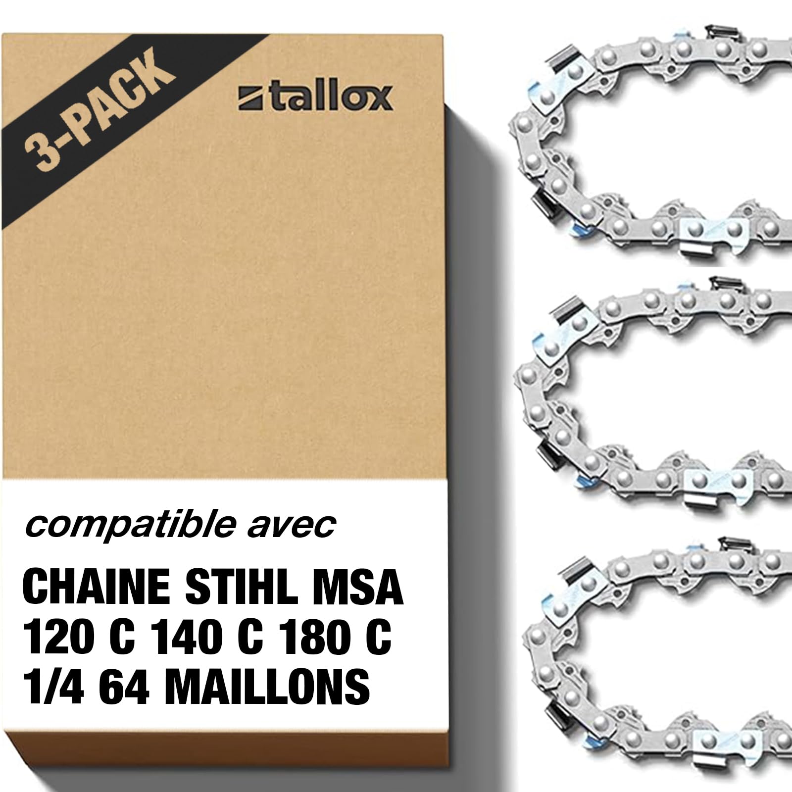 Tallox Lot de 3 chaînes de tronçonneuse 1/4" 1,1 mm, 64 TG, 30 cm, version 2025, bras anti-retour MSA