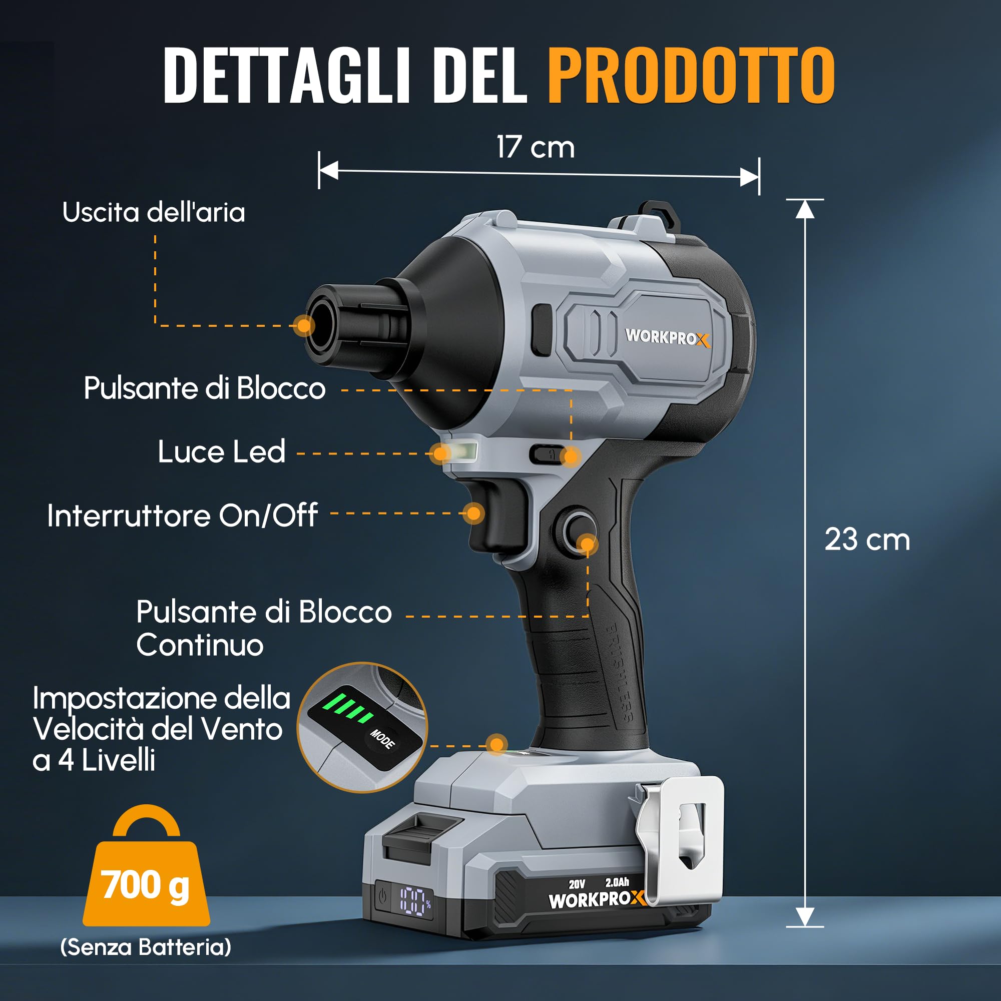 WORKPROX Soffiatore ad Aria Compressa Wireless 20V | Soffiatore Elettrico Ricaricabile USB-C, Motore Brushless, 4 Velocità Regolabili, Funzione Soffiaggio/Aspirazione