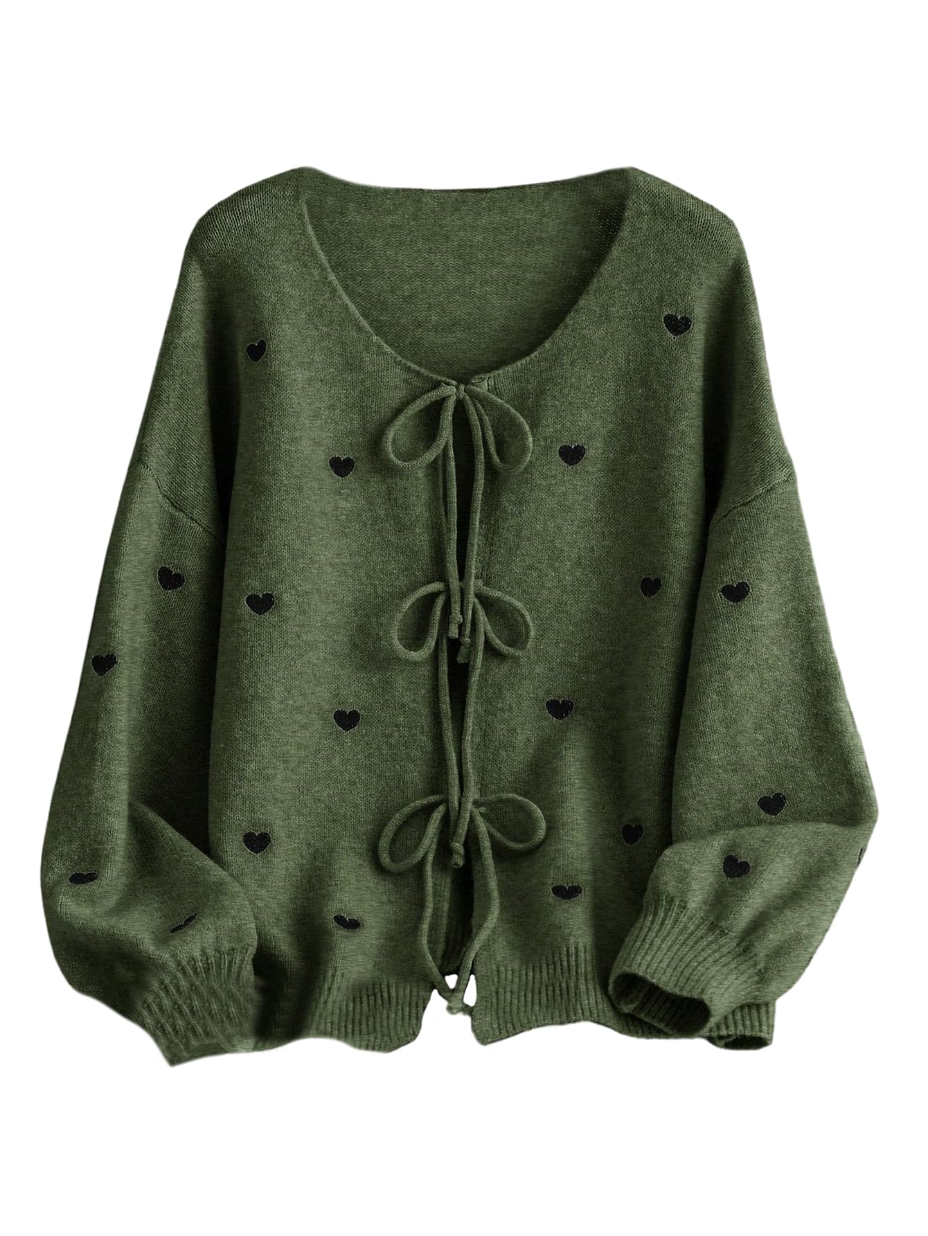 Womens Plus Size Heart Graphic Cardigan Sweater Tie Front Long Sleeve Knit Outerwear