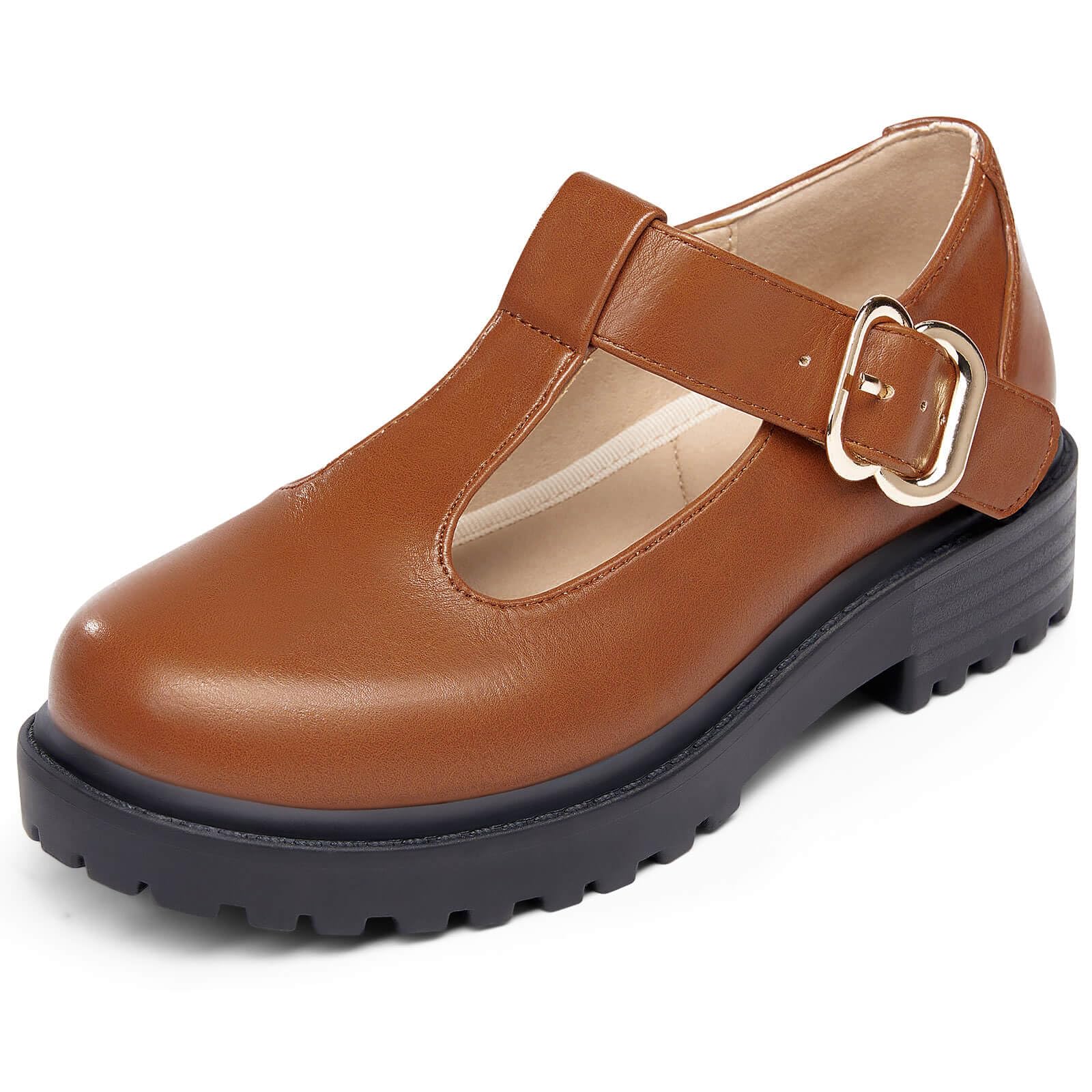 Coutgo Girls Mary Jane Dress Shoes Platform Loafers School Uniform Chunky Heel Closed Toe T-Strap Flats
