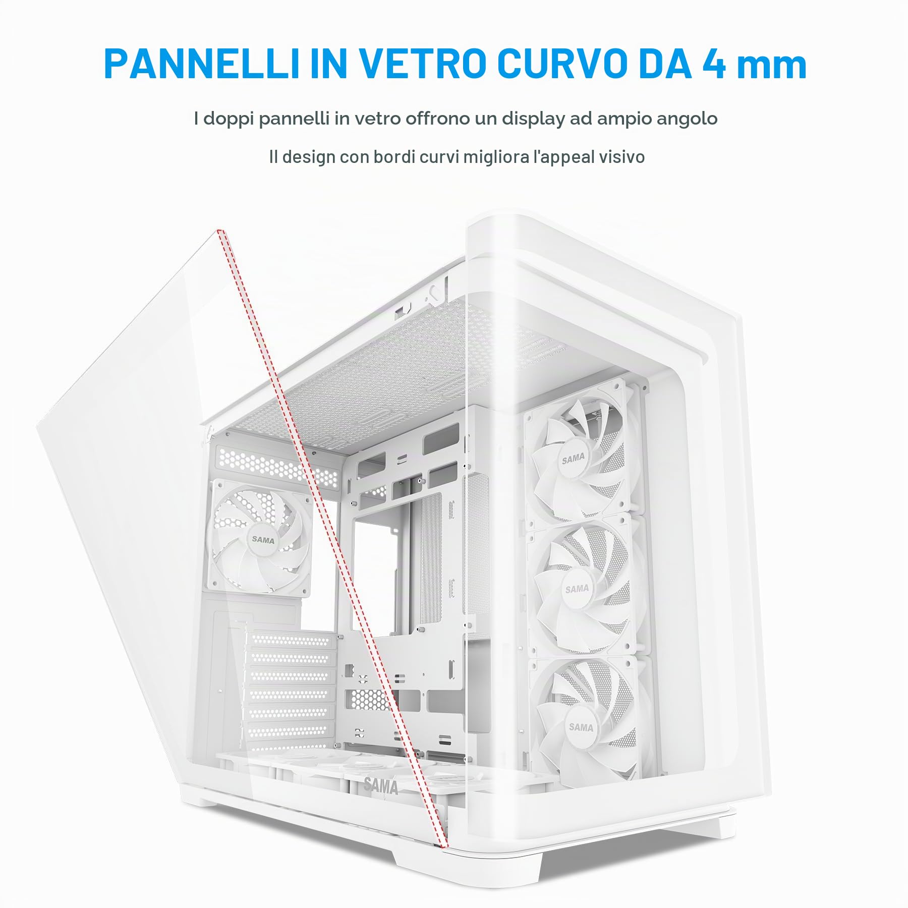 Case PC Mid Tower SAMA V60, Vetro Curvo, 7 Ventole ARGB, USB-C, Bianco | Case PC Gaming ATX ad Alto Flusso d'Aria, Compatibile Back-Connect, Supporto AIO 360mm