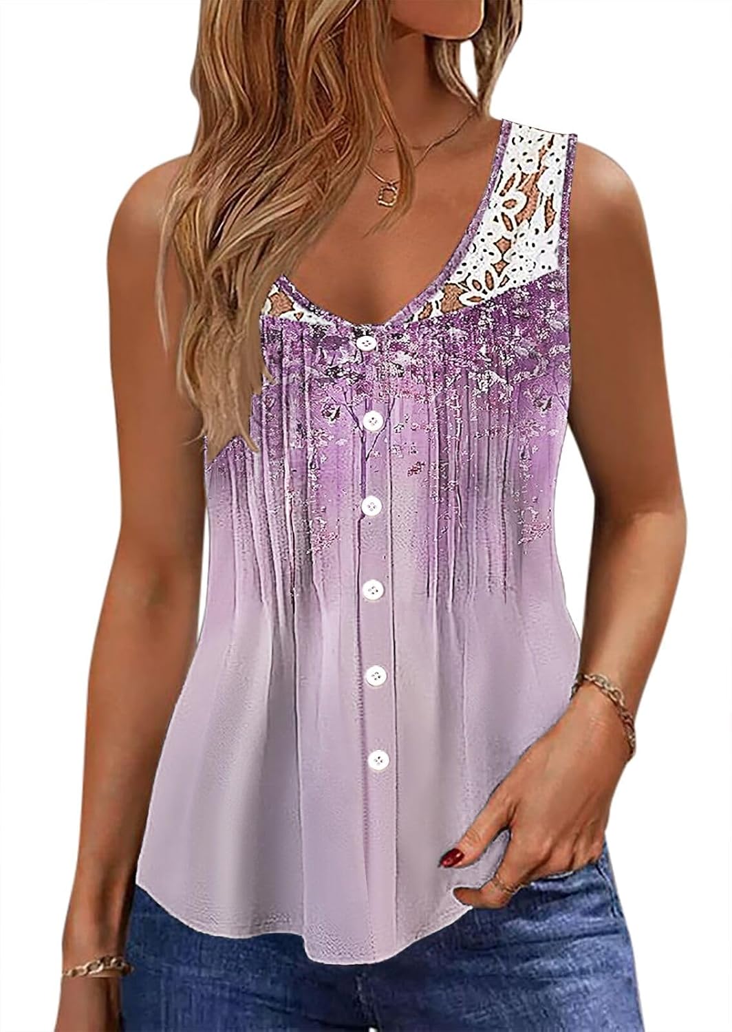 Womens Tank Tops Dressy Casual Summer Lace Sleeveless V Neck Tee Shirts Pleated Front Buttons Blouses