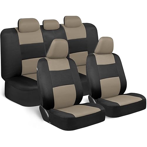 BDK PolyPro Car Seat Covers Full Set in Light Beige on Black, Front and Rear Split Bench Seat Covers for Cars, Easy to Install Car Seat Cover Set, Car Accessories for Auto Trucks Van SUV - Light Beige