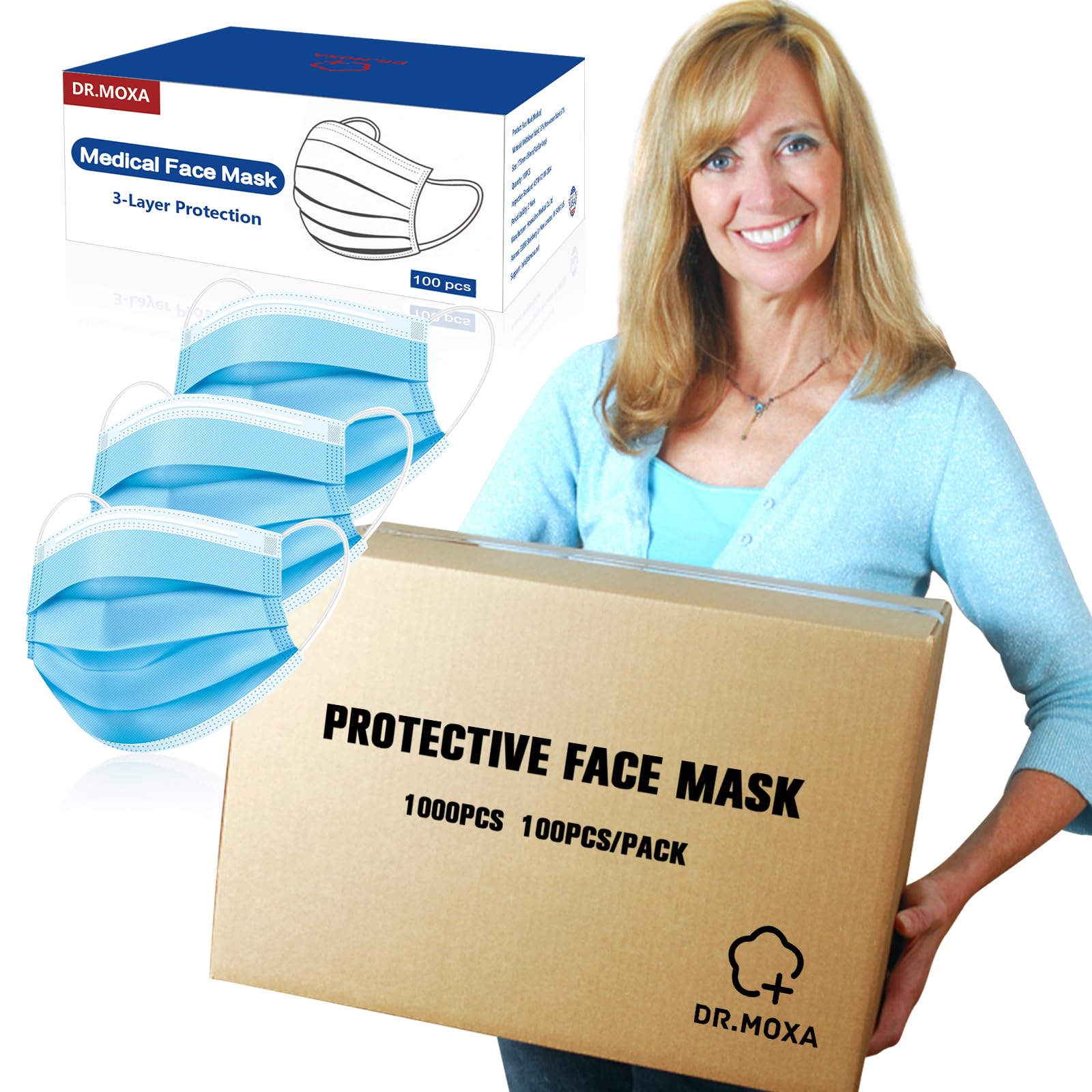 DR.MOXA 1000 Pack Disposable Medical Face Masks (10 Boxes, 100pcs/Box) Wholesale Bulk Masks for Protection Blue