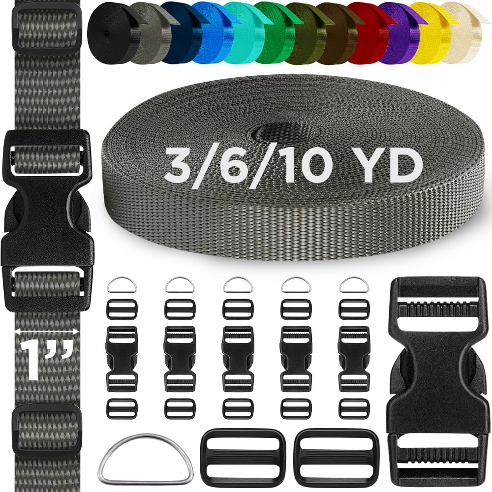 TECEUM Buckles & Strap Kit – 1" Charcoal Nylon Webbing 6 (yd) – 6 Heavy Duty Adjustable Plastic Buckles – 12 Tri-Glide Slide Clips – 6 Metal D-Ring –