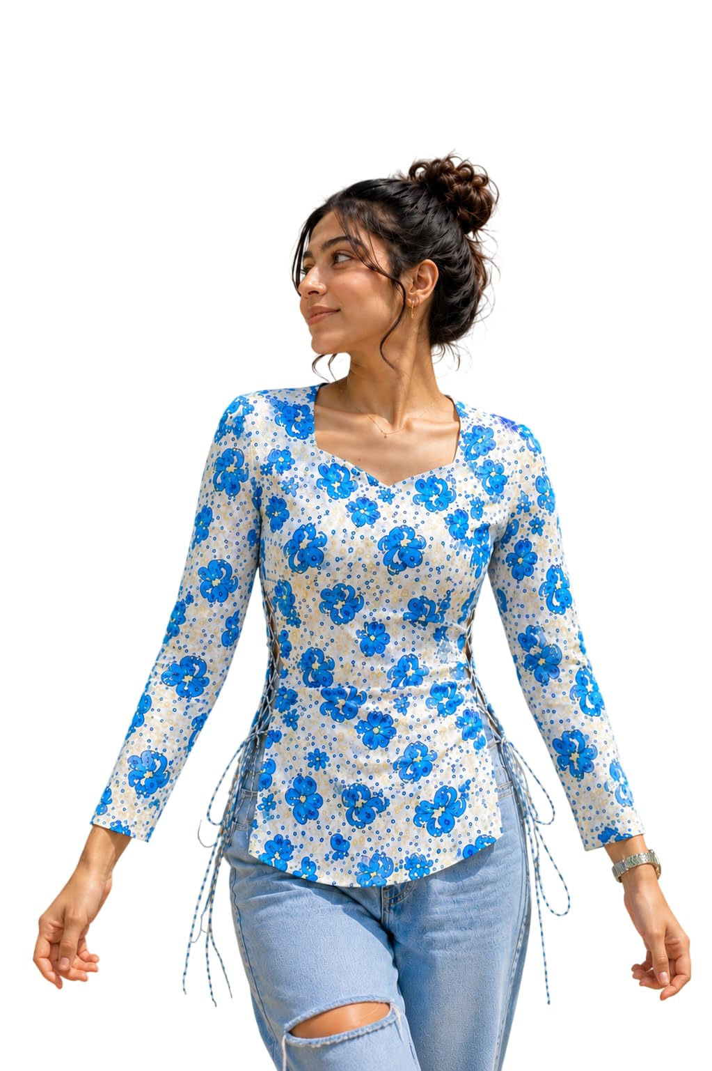 Women's Floral Printed Side Tie Top | Sweetheart Neck Full Sleeve Casual Western Top | Soft Lightweight Slim Fit Summer Wear | White & Blue-picture-13