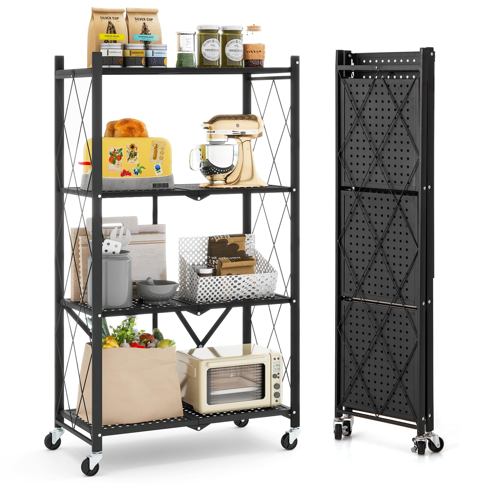 RELAX4LIFE Scaffale Pieghevole, Scaffale Metallico a 4 Livelli per Impieghi Gravosi con 4 Ruote Universali, Scaffale Organizzatore Salvaspazio per Cucina, Soggiorno, Studio, Nero