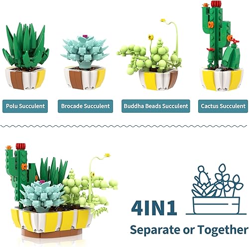 Miniatura 2 de Bloques de construcción 4 en 1 de suculentas, construye una decoración de exhibición de plantas suculentas para el hogar u oficina (360 piezas)
