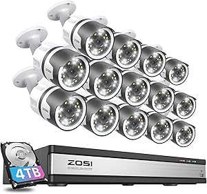 ZOSI 4K 16CH PoE Security Camera System, 16CH 4K NVR with 4TB HDD for 24/7 Recording, 14 X Wired 5MP (3K) PoE IP Cameras Outdoor Indoor, Spotlights, 2-Way Talk, Human Detection, Sound & Light Alarm asin的图片