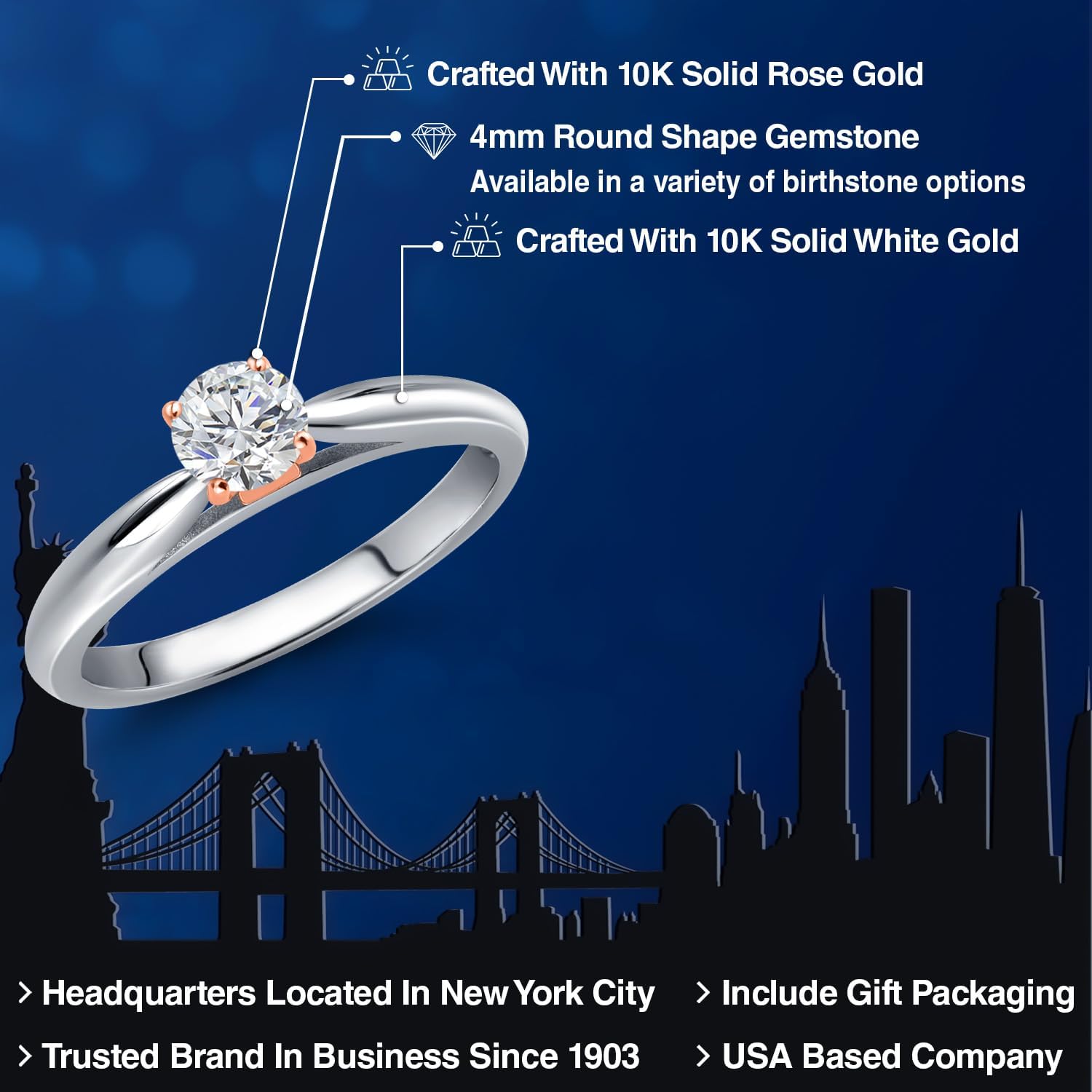 Gem Stone King 10K Two Tone Gold Gemstone Birthstone Engagement Solitaire Engagement Ring For Women | Round 4MM | Wedding Anniversary Promise Ring | Sizes 5, 6, 7, 8, 9 - Image 2