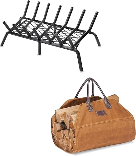 Rejilla para chimenea de 24 pulgadas, resistente con retenedor de brasa, accesorios de chimenea, lona encerada con asas de cuero, portador de madera