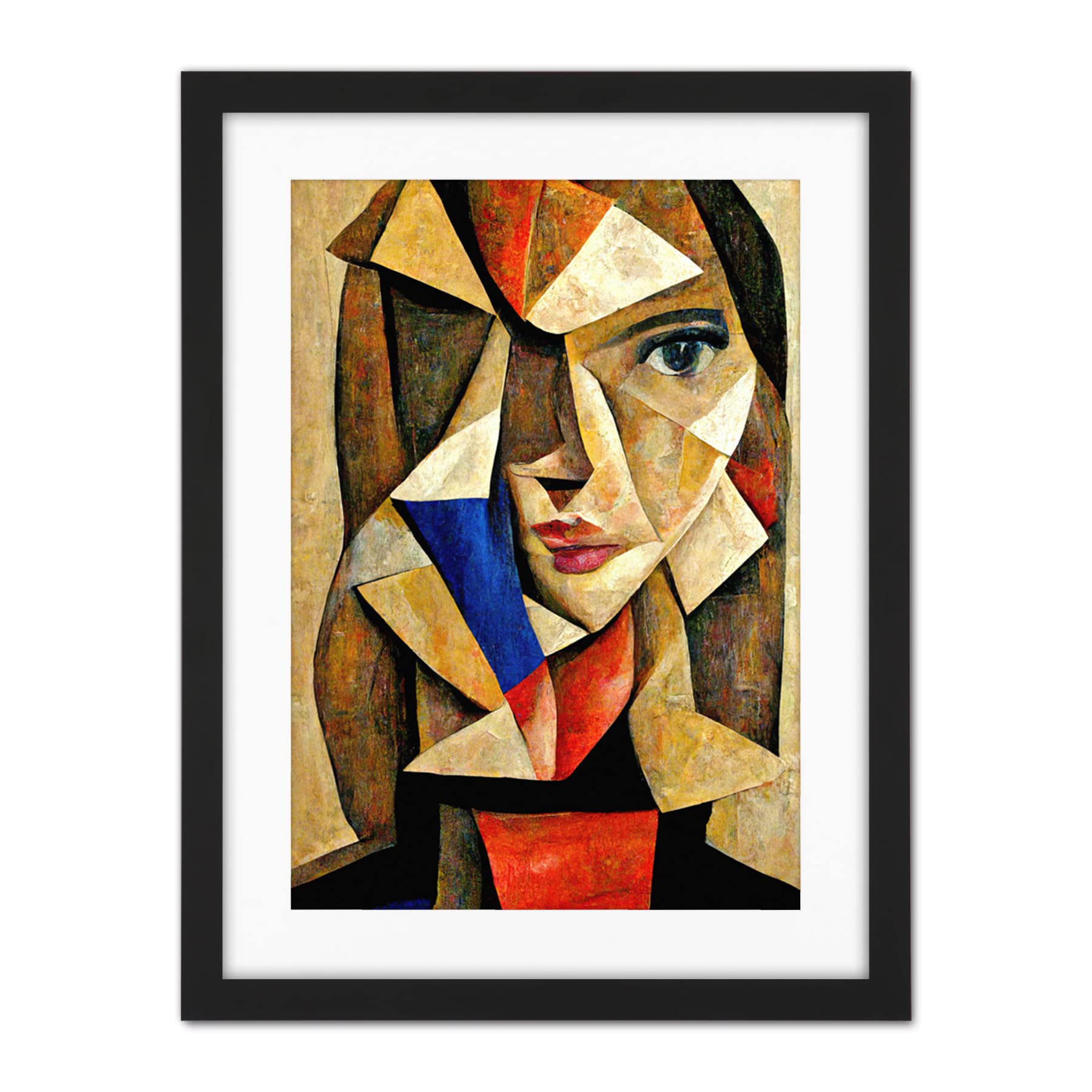 Doppelganger33 LTD Painting Cubism Style Portrait Of Young Woman Beige And Brown Artwork Framed Wall Art Print 18X24 Inch