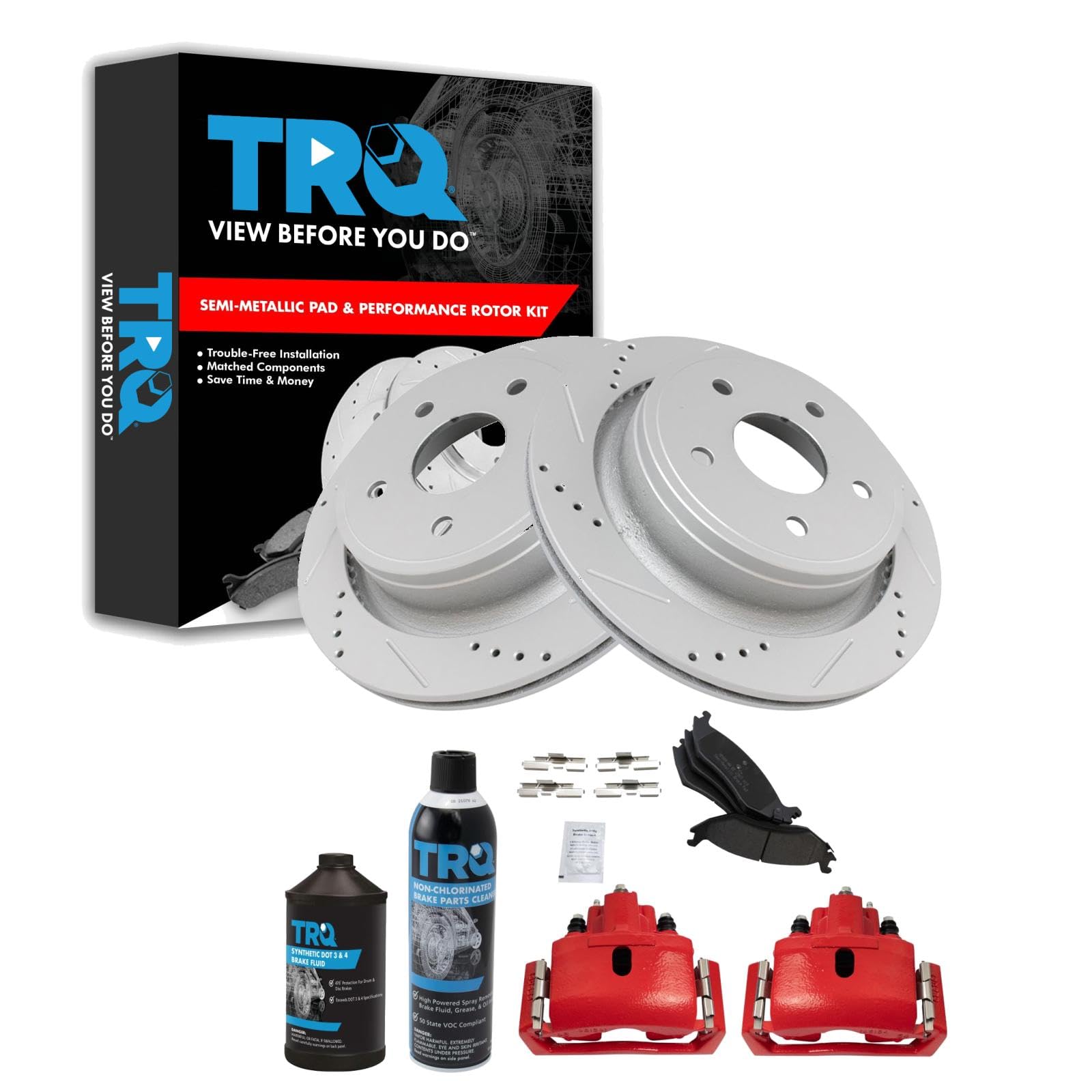 TRQ Performance Rear Performance Brake Pad &amp; Rotor Kit Semi-Metallic Premium G-Coated Slotted X Drilled Compatible with 11-18 1500 07-09 Aspen 04-09 Durango 02-10 Ram 1500