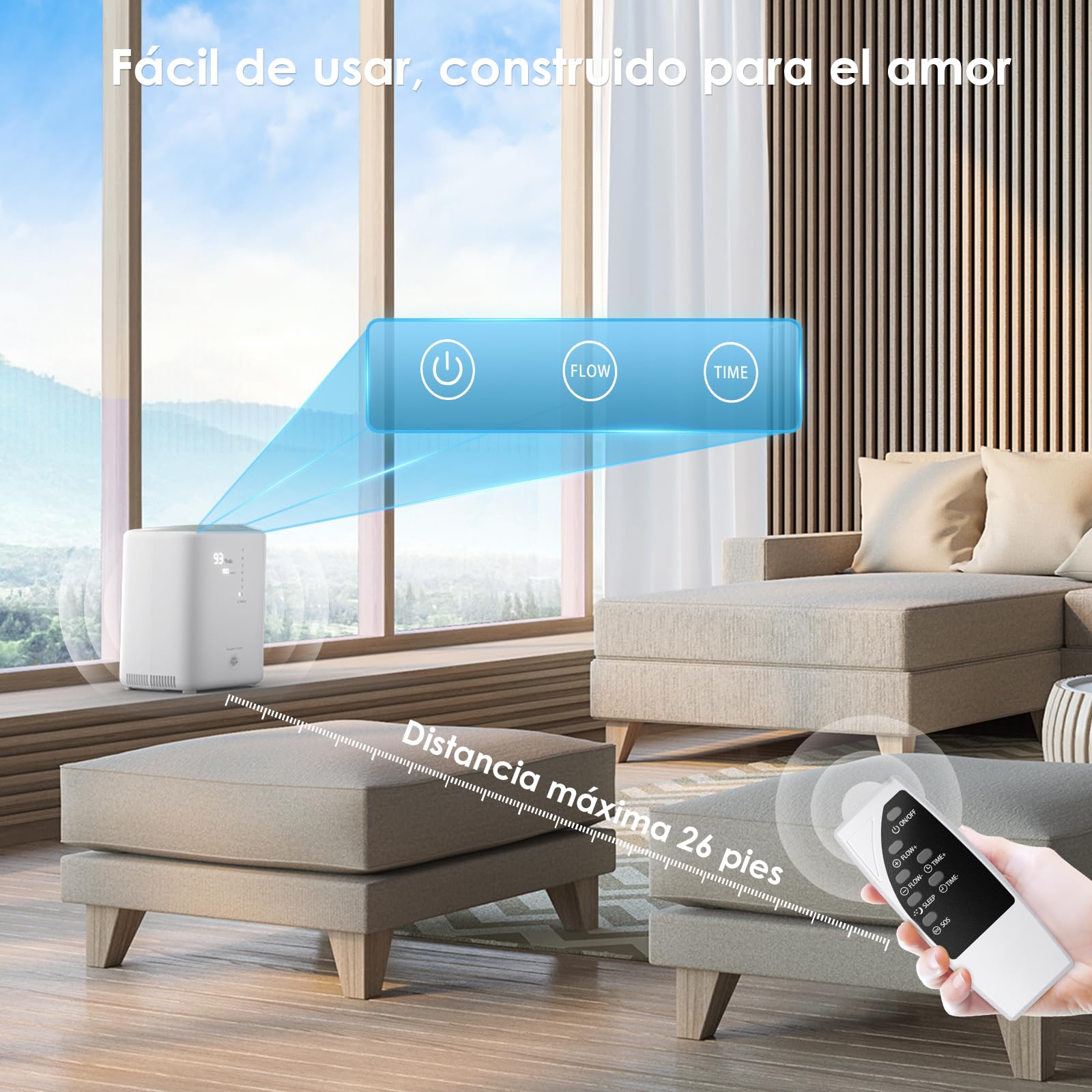RINRI Concentrador de Oxígeno, 93%±3% Generador de Oxígeno de Alta Pureza, 1-7L/min Flujo Ajustable, Máquina de Oxígeno con Control Remoto, Humidificación Automática, Adecuado para Uso Doméstico