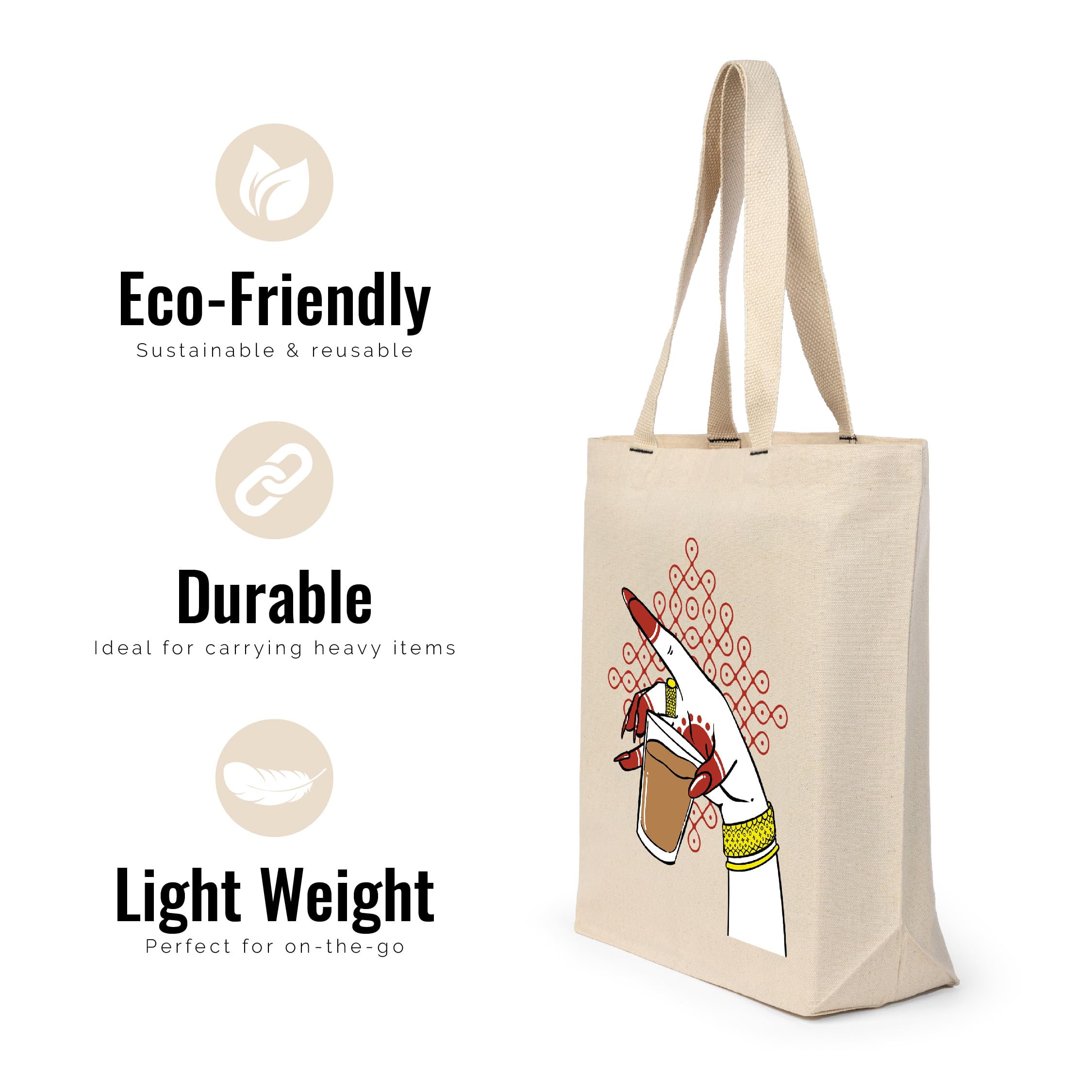 Amazon Brand - Eono, 100% Cotton Cloth Bag, Pack of 1, Reusable Tote Bags, Shopping Bag For Grocery, Vegetable Bag For Shopping, Aesthetic Carry Bag, Aesthetic Bags For College, Folding Bag -Kolam Tea 4