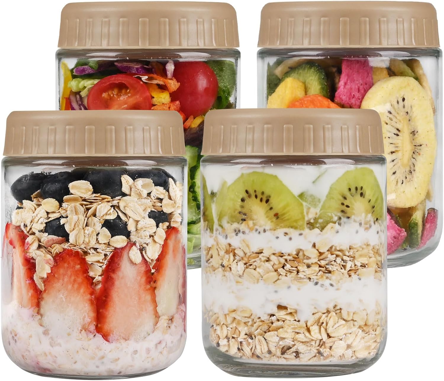 Overnight Oats Containers with Lids, 16oz Glass Jars with Lids 4 pcs, Taffy, Wide Mouth Mason jars for Salad, Yogurt, Snacks, Meal Prep Overnight Oats Containers with Lids, 16oz Glass Jars with Lids 4 pcs, Taffy, Wide Mouth Mason jars for Salad, Yogurt, Snacks, Meal Prep