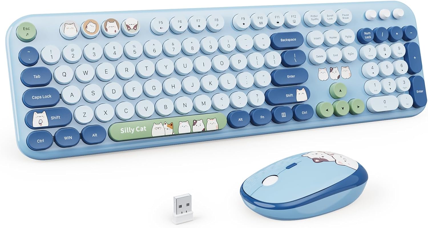 Wireless Keyboard and Mouse Combo, 2.4GHZ Typewriter Retro Full Size Keyboards, Cute Colorful Computer Keyboard and Wireless Mouse for Laptop/Desktop/Windows/PC (Blue Colorful)